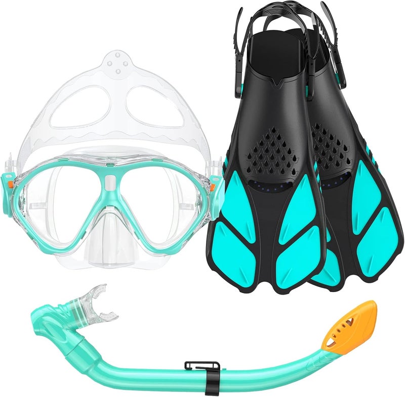 Seovediary Kids Snorkel Set, Mask Fins Snorkeling Gear for Kids Anti-Fog Swim Goggles 180 Panoramic View Dry Top Snorkel and Dive Flippers Combo with Travel Bag for Snorkeling Training Swimming Diving - Image 1